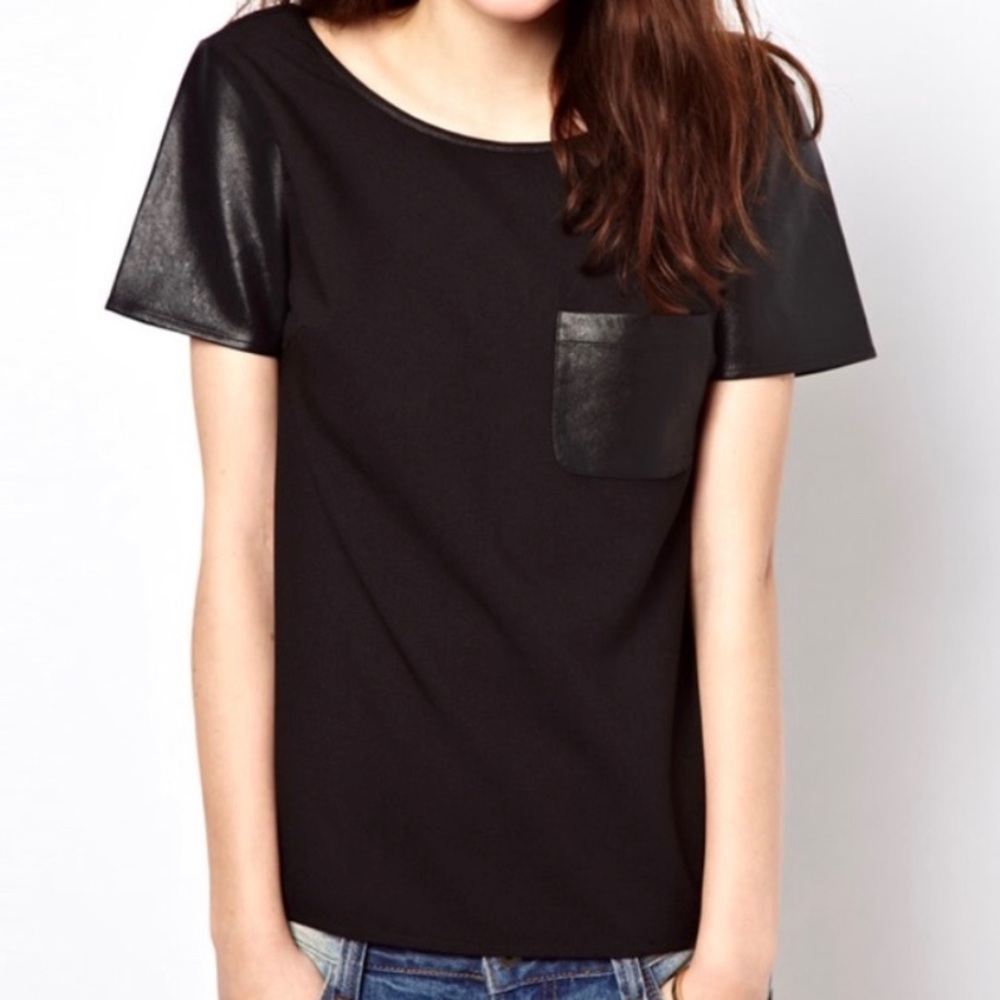 CYNTHIA ROWLEY Gray T-Shirt w/ Black Faux Leather - Picture 1 of 7